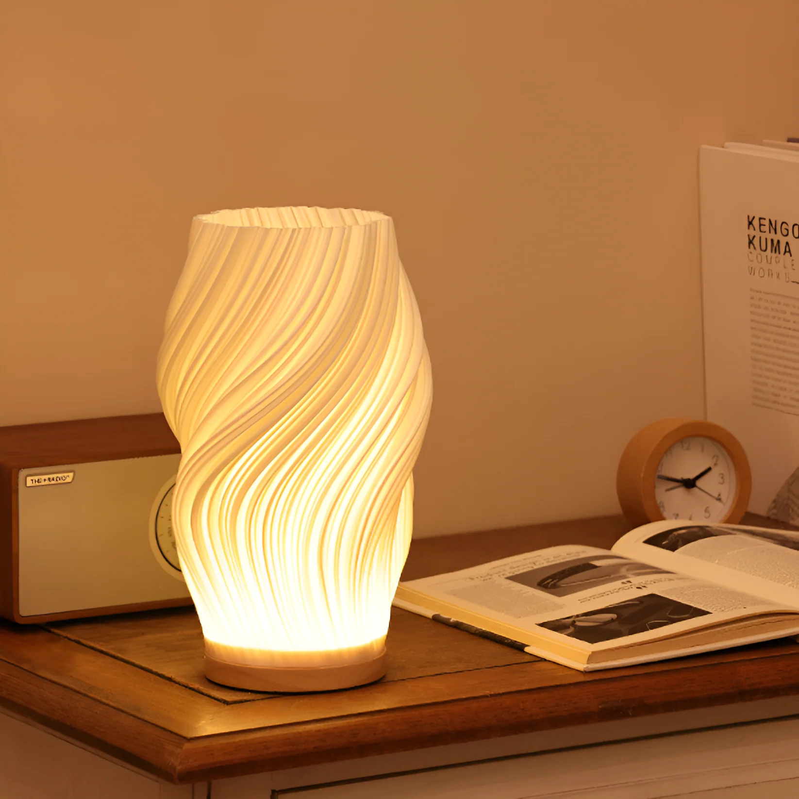 DreamWave - Modern cream-colored 3D wave lamp with elegant metal base - Image 12