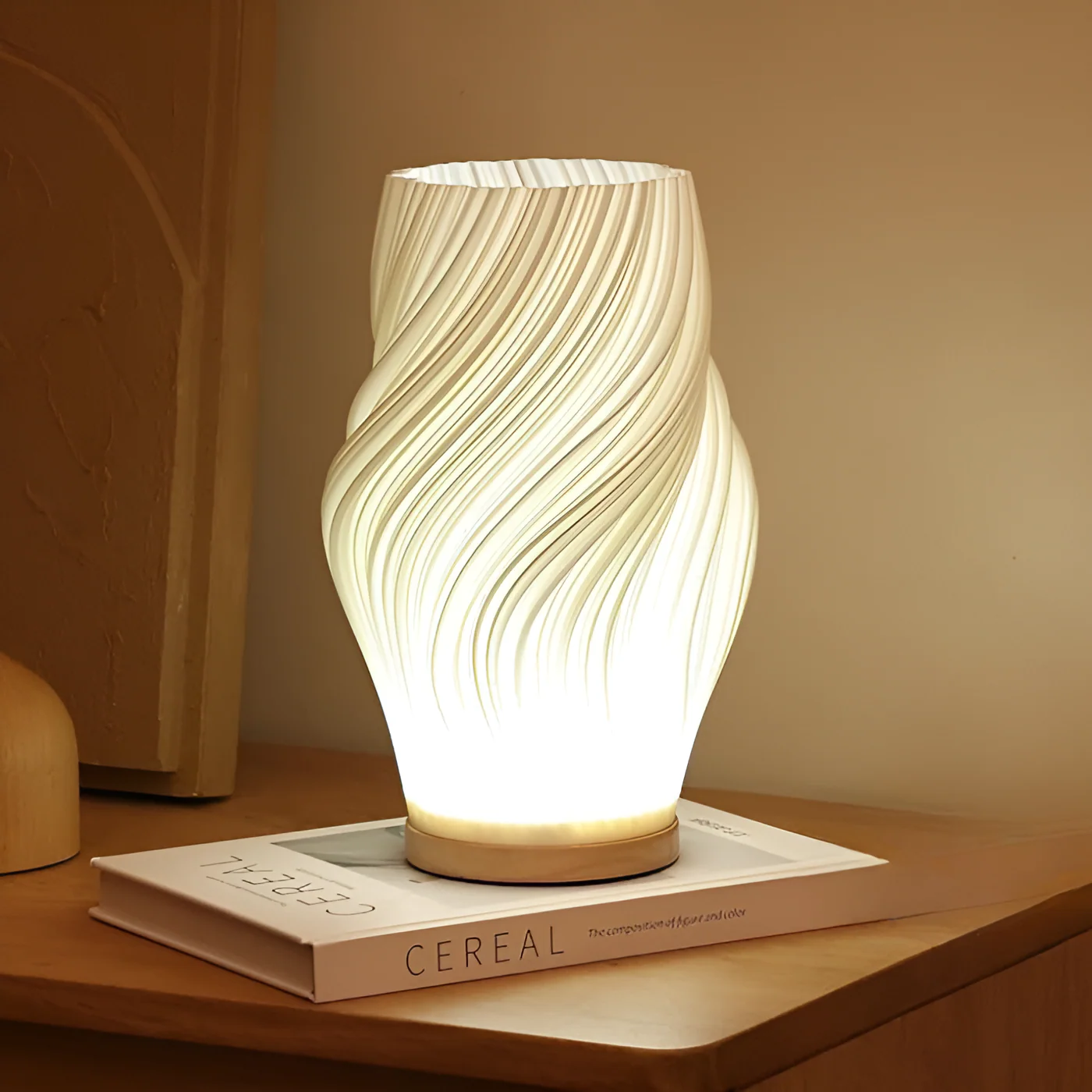 DreamWave - Modern cream-colored 3D wave lamp with elegant metal base - Image 2