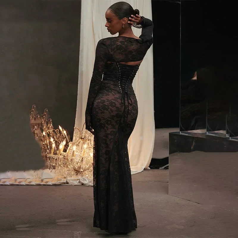 Long lace dress with drawstring and shawl - Image 3
